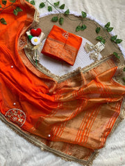 Diwali Fendi Satin Saree – Jacquard Border Saree with Zari Handwork Medallions, Pearls & Fringe Lace in 5 Colours 13