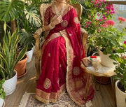 Diwali Fendi Satin Saree – Jacquard Border Saree with Zari Handwork Medallions, Pearls & Fringe Lace in 5 Colours 14