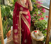 Diwali Fendi Satin Saree – Jacquard Border Saree with Zari Handwork Medallions, Pearls & Fringe Lace in 5 Colours 15