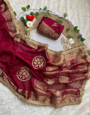 Diwali Fendi Satin Saree – Jacquard Border Saree with Zari Handwork Medallions, Pearls & Fringe Lace in 5 Colours 16