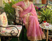 Diwali Fendi Satin Saree – Jacquard Border Saree with Zari Handwork Medallions, Pearls & Fringe Lace in 5 Colours 17