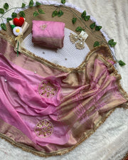 Diwali Fendi Satin Saree – Jacquard Border Saree with Zari Handwork Medallions, Pearls & Fringe Lace in 5 Colours 19