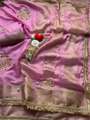 Diwali Fendi Satin Saree – Jacquard Border Saree with Zari Handwork Medallions, Pearls & Fringe Lace in 5 Colours 20