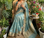 Diwali Fendi Satin Saree – Jacquard Border Saree with Zari Handwork Medallions, Pearls & Fringe Lace in 5 Colours 21