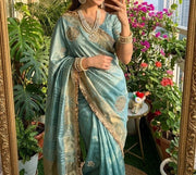 Diwali Fendi Satin Saree – Jacquard Border Saree with Zari Handwork Medallions, Pearls & Fringe Lace in 5 Colours 22