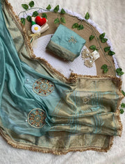 Diwali Fendi Satin Saree – Jacquard Border Saree with Zari Handwork Medallions, Pearls & Fringe Lace in 5 Colours 23