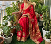 Diwali Fendi Satin Saree – Jacquard Border Saree with Zari Handwork Medallions, Pearls & Fringe Lace in 5 Colours 24