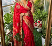 Diwali Fendi Satin Saree – Jacquard Border Saree with Zari Handwork Medallions, Pearls & Fringe Lace in 5 Colours 25