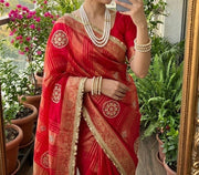 Diwali Fendi Satin Saree – Jacquard Border Saree with Zari Handwork Medallions, Pearls & Fringe Lace in 5 Colours 26