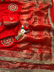 Diwali Fendi Satin Saree – Jacquard Border Saree with Zari Handwork Medallions, Pearls & Fringe Lace in 5 Colours 27