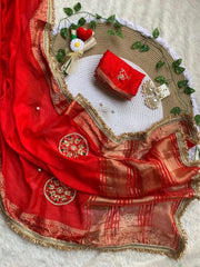 Diwali Fendi Satin Saree – Jacquard Border Saree with Zari Handwork Medallions, Pearls & Fringe Lace in 5 Colours 28