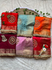 Diwali Fendi Satin Saree – Jacquard Border Saree with Zari Handwork Medallions, Pearls & Fringe Lace in 5 Colours 30