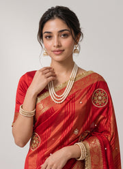 Diwali Fendi Satin Saree – Jacquard Border Saree with Zari Handwork Medallions, Pearls & Fringe Lace in 5 Colours 2