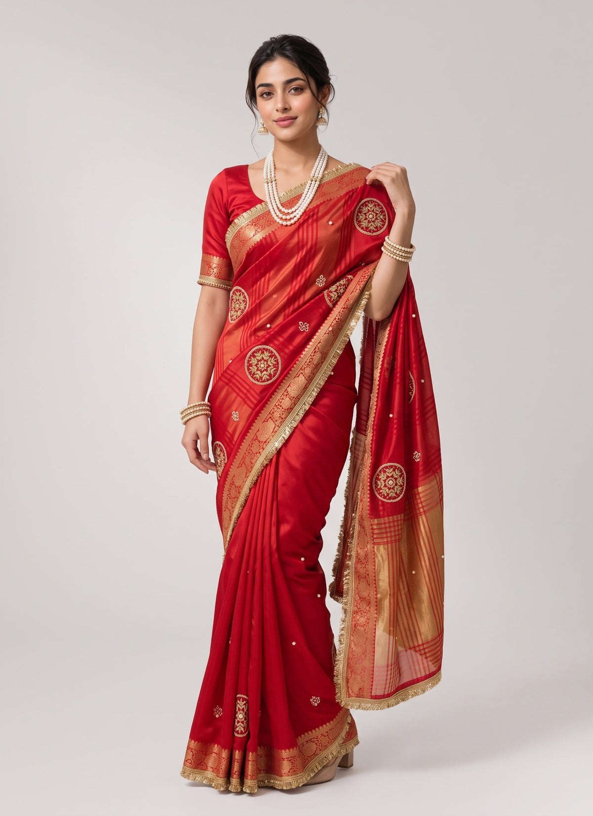 Diwali Fendi Satin Saree – Jacquard Border Saree with Zari Handwork Medallions, Pearls & Fringe Lace in 5 Colours Australia