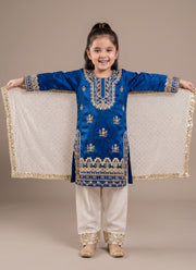 Diwali Royal Blue Fendi Silk Suit for Girls – Sequin Embroidered Kurti, Pants & Dupatta 6
