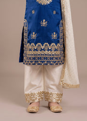 Diwali Royal Blue Fendi Silk Suit for Girls – Sequin Embroidered Kurti, Pants & Dupatta 5