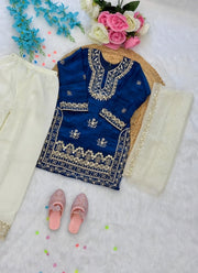 Diwali Royal Blue Fendi Silk Suit for Girls – Sequin Embroidered Kurti, Pants & Dupatta 7