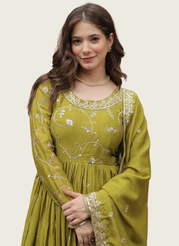 Parrot Green Anarkali Gown in Chinon with Sequins Embroidery + Sharara & Dupatta Australia