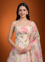 Diwali Floral Organza Lehenga – Rose Print Corset Choli with Halter Neck & Pearl Lace Dupatta 4