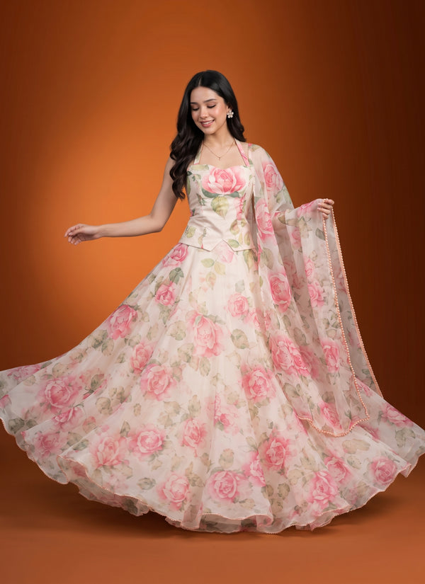 Floral organza lehenga with pink watercolour roses, corset halter choli and dupatta – front view