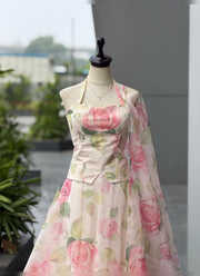 Diwali Floral Organza Lehenga – Rose Print Corset Choli with Halter Neck & Pearl Lace Dupatta 5