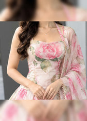 Diwali Floral Organza Lehenga – Rose Print Corset Choli with Halter Neck & Pearl Lace Dupatta 7