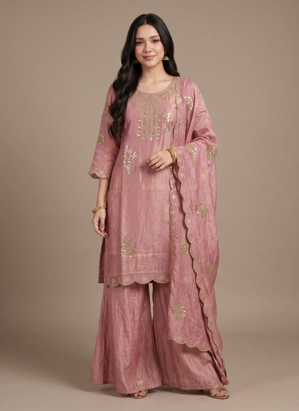 Dusty pink frendy silk palazzo suit with sequin embroidery and dupatta – front view