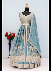 Diwali Front Slit Anarkali Lehenga – Chinon Embroidered Gown with Belt, Lehenga & Dupatta 10
