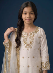 White Gharara Suit for Girls – Fendi Silk Kurti, Gharara & Lace Dupatta 5