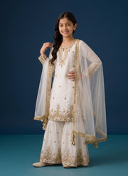 White Gharara Suit for Girls – Fendi Silk Kurti, Gharara & Lace Dupatta 2