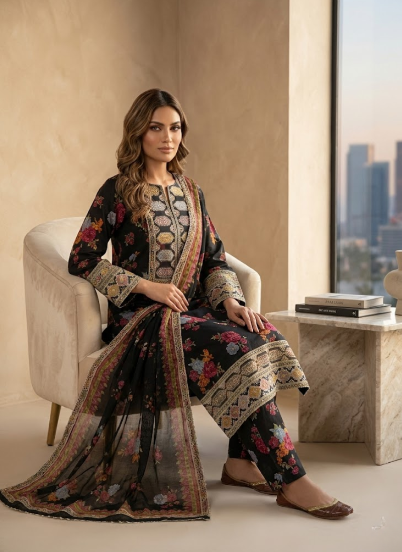 Pakistani Lawn Cotton Salwar Kameez with Chiffon Dupatta
