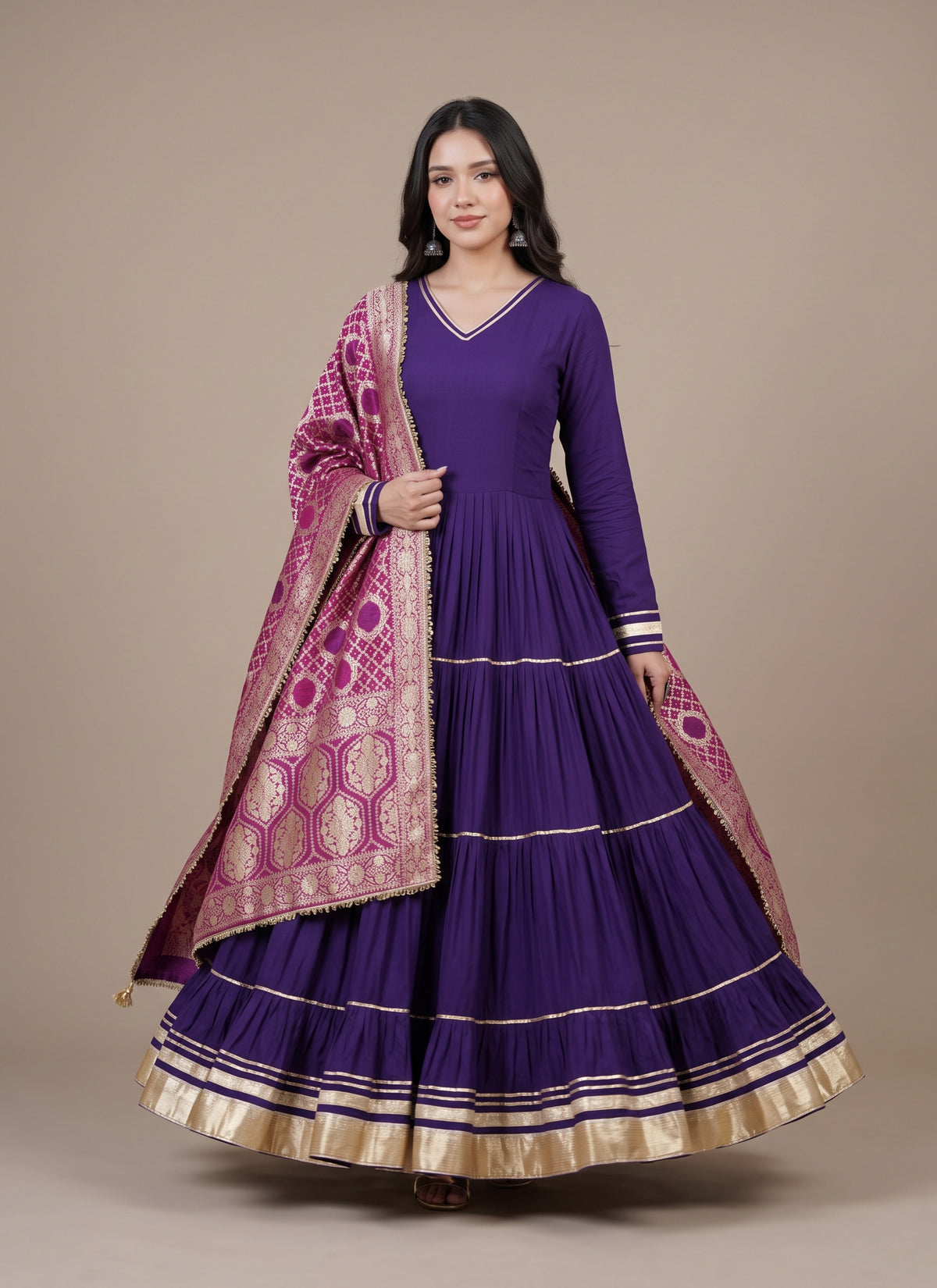 Diwali Gota Lace Tiered Gown – 12m Flare Rayon Gown with Jacquard Dupatta Australia
