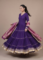 Diwali Gota Lace Tiered Gown – 12m Flare Rayon Gown with Jacquard Dupatta 3