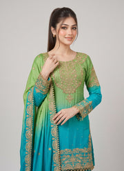 Diwali Shaded Chinon Sharara Suit – Gold Sequin & Pearl Embroidery with Tassels & Lace Dupatta 9
