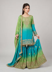 Diwali Shaded Chinon Sharara Suit – Gold Sequin & Pearl Embroidery with Tassels & Lace Dupatta 8