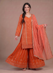 Diwali Heavy Georgette Kurti Palazzo Set – Sequin Lattice Kurti with Flared Palazzo & Dupatta 23
