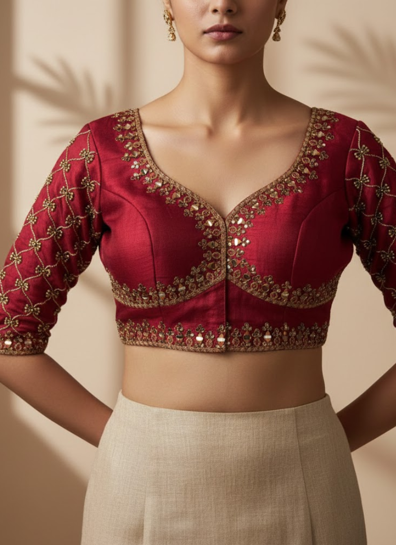 Italian Silk Women’s Blouse with Jari, Sequins & Beads Work (Front‑Open Design)