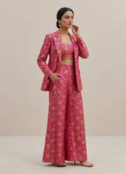 Jacquard Blazer Palazzo Set – Gold Floral Brocade Crop Top, Blazer & Flared Palazzo 2