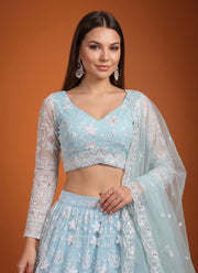 Diwali Ice Blue Net Lehenga – White Zari & Sequin Embroidery, Sheer Sleeve Blouse & Lace Dupatta 4