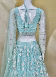 Diwali Ice Blue Net Lehenga – White Zari & Sequin Embroidery, Sheer Sleeve Blouse & Lace Dupatta 6