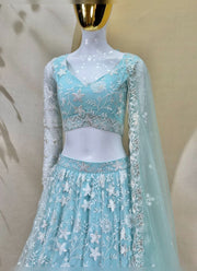 Diwali Ice Blue Net Lehenga – White Zari & Sequin Embroidery, Sheer Sleeve Blouse & Lace Dupatta 5