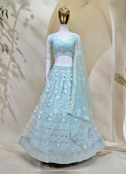 Diwali Ice Blue Net Lehenga – White Zari & Sequin Embroidery, Sheer Sleeve Blouse & Lace Dupatta 2