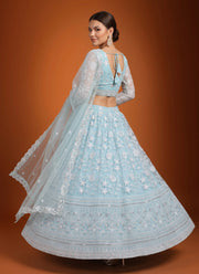 Diwali Ice Blue Net Lehenga – White Zari & Sequin Embroidery, Sheer Sleeve Blouse & Lace Dupatta 3