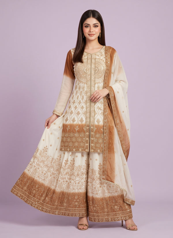 Ivory and brown shaded georgette sequin palazzo suit with dupatta - front