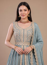 Diwali Front Slit Anarkali Lehenga – Chinon Embroidered Gown with Belt, Lehenga & Dupatta 12
