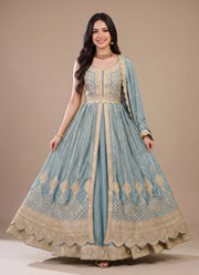Diwali Front Slit Anarkali Lehenga – Chinon Embroidered Gown with Belt, Lehenga & Dupatta 9