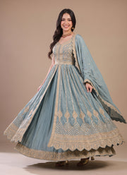 Diwali Front Slit Anarkali Lehenga – Chinon Embroidered Gown with Belt, Lehenga & Dupatta 11