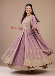 Diwali Front Slit Anarkali Lehenga – Chinon Embroidered Gown with Belt, Lehenga & Dupatta 7