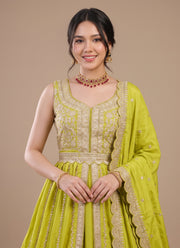 Diwali Front Slit Anarkali Lehenga – Chinon Embroidered Gown with Belt, Lehenga & Dupatta 4