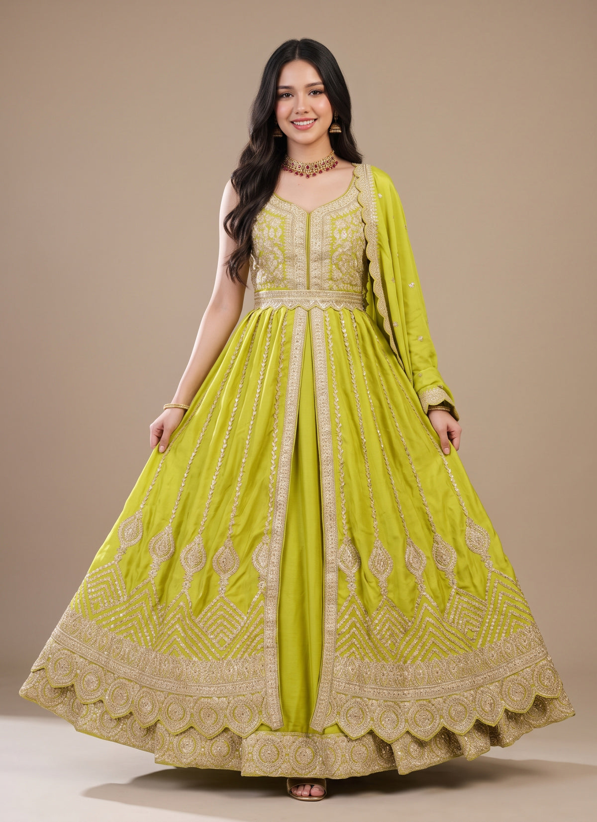 Diwali Front Slit Anarkali Lehenga – Chinon Embroidered Gown with Belt, Lehenga & Dupatta Australia
